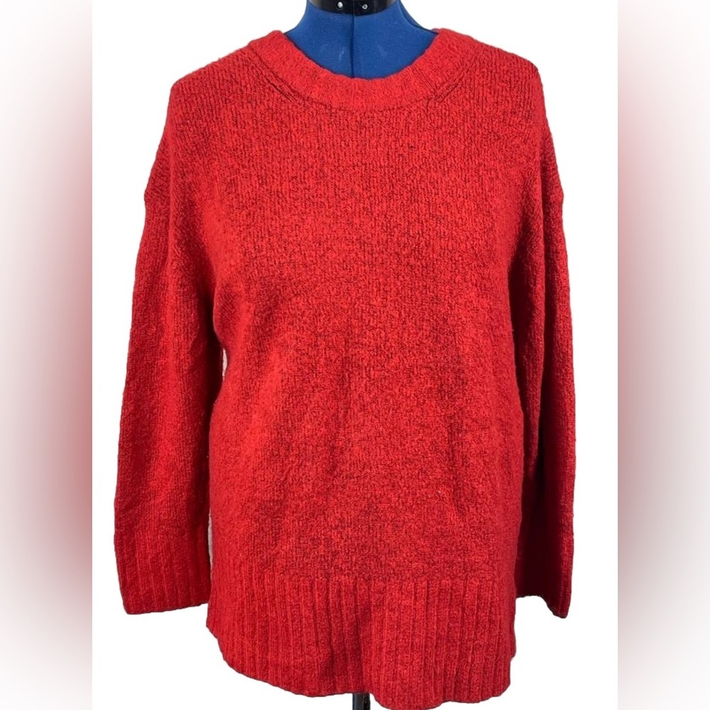 Women Zara Knit Wool Pullover Sweater Red Sz Med Oversized Tunic Ribbed Hem